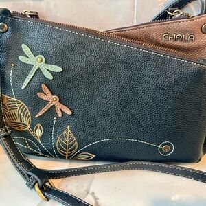 Chala Black and Brown Crossbody Bag with Dragonfly Embellishments